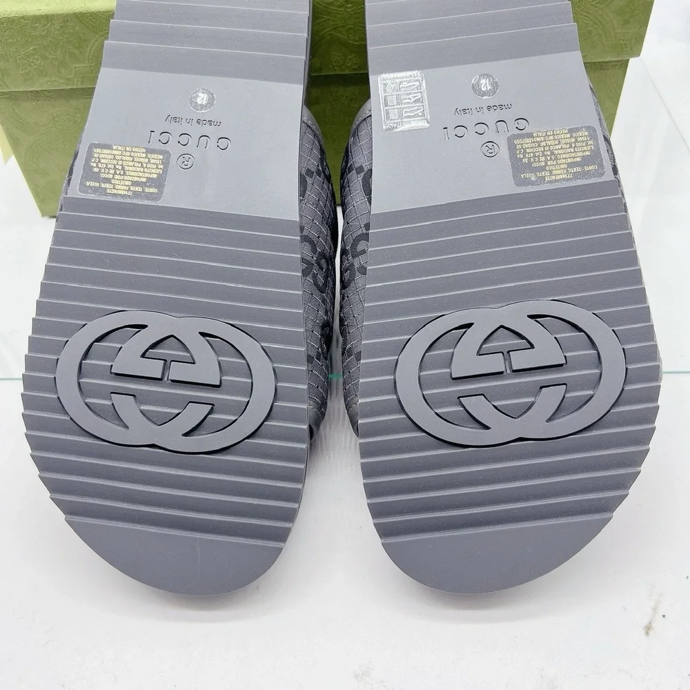 GUCCI Mens GG LOGO Ripstop Monogram Gray Slides Sandals 771466 Men UK 12 US 12.5